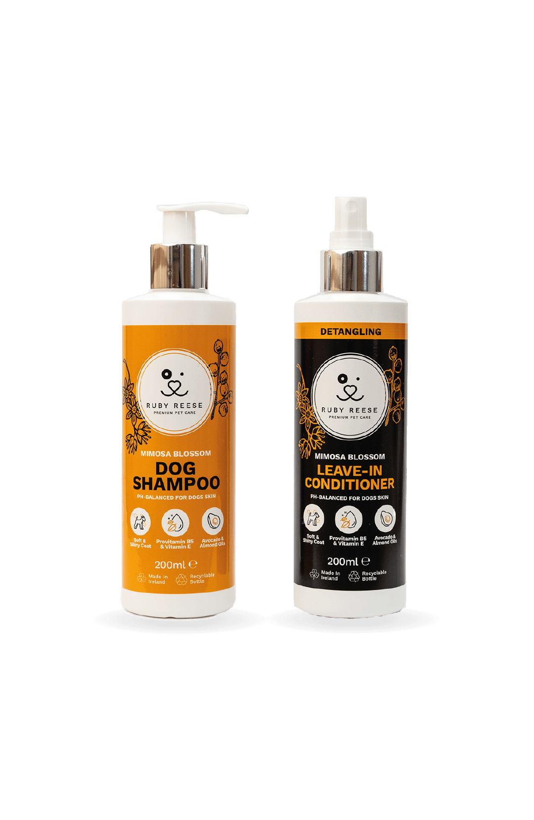 RUBY REESE MIMOSA BLOSSOM DOG SHAMPOO and RUBY REESE MIMOSA BLOSSOM LEAVE-IN CONDITIONEr for dogs placed side by side