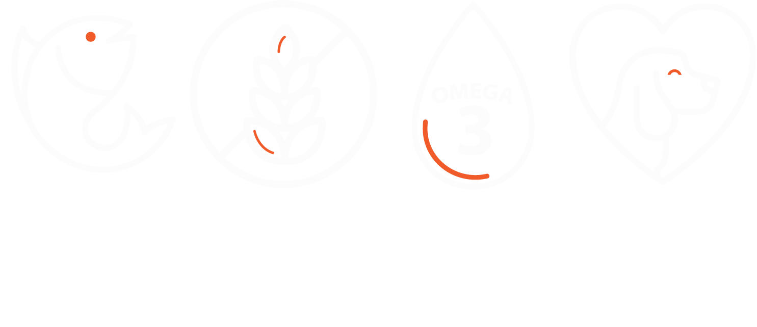 Four icons arranged horizontally. Fish with a happy face, crossed out grain crop, oil droplet and a dog's head within a heart