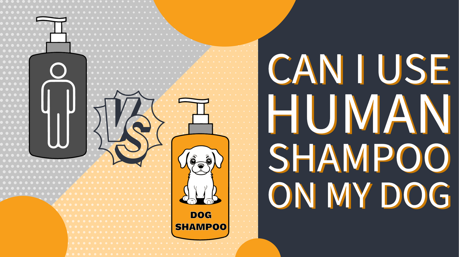 Graphic of human and dog shampoo bottle with letters VS between them and text CAN I USE HUMAN SHAMPOO ON MY DOG below them