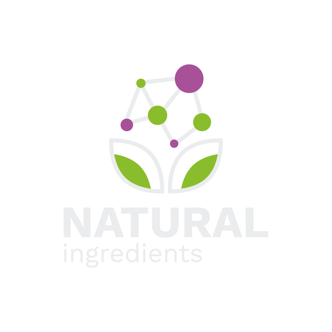 Icon of leaves topped by circles connected with lines symbolising a molecule and a flower and the text “NATURAL ingredients”