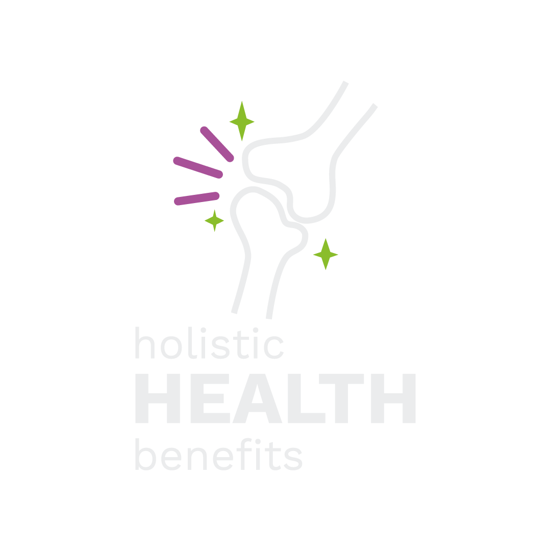 Icon of two bones ends building a joint with lines and stars symbolising shine and the text “holistic HEALTH benefits”