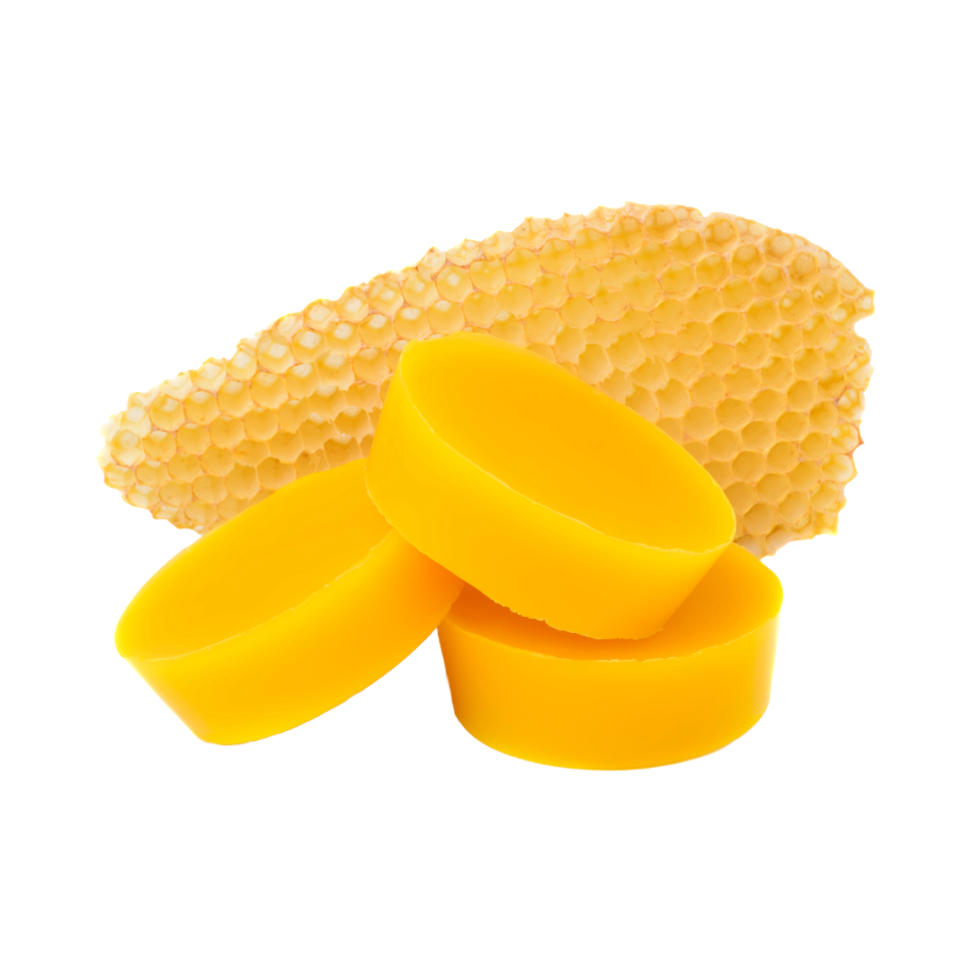 Three yellow pieces of bees wax with smooth surfaces and a piece of honeycomb.