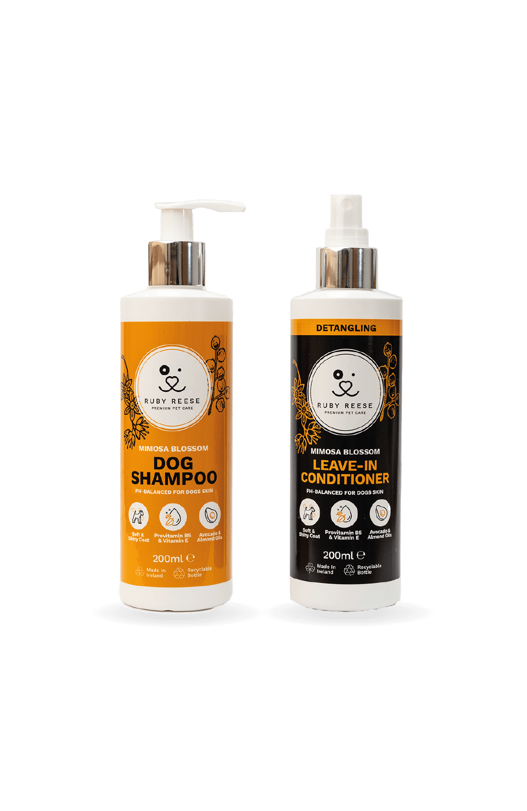 RUBY REESE MIMOSA BLOSSOM DOG SHAMPOO and RUBY REESE MIMOSA BLOSSOM LEAVE-IN CONDITIONEr for dogs placed side by side 
