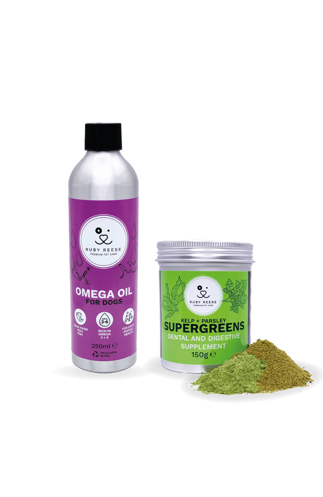 Bottle of RUBY REESE OMEGA OIL FOR DOGS standing next to RUBY REESE SUPERGREENS with some seaweed powder spilled in the front