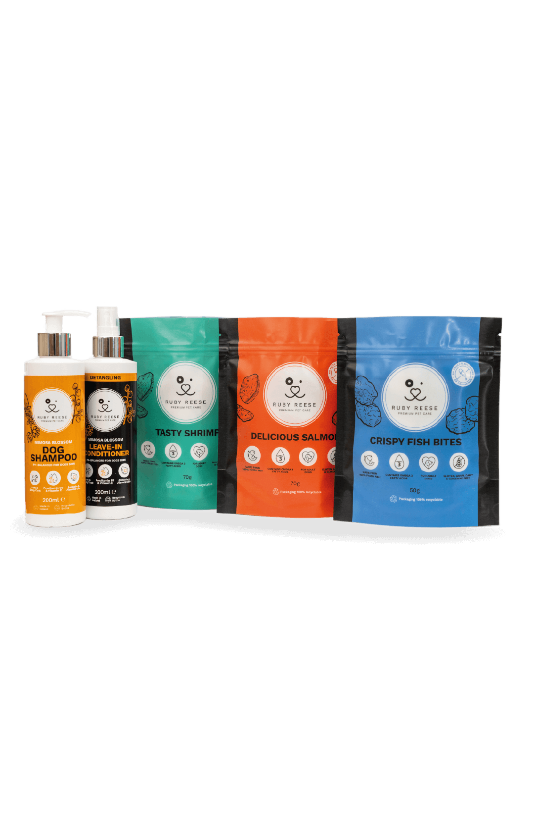Ruby Reese Sampler Set. Showing two bottles of grooming products for dogs and three pouches of natural dog treats.