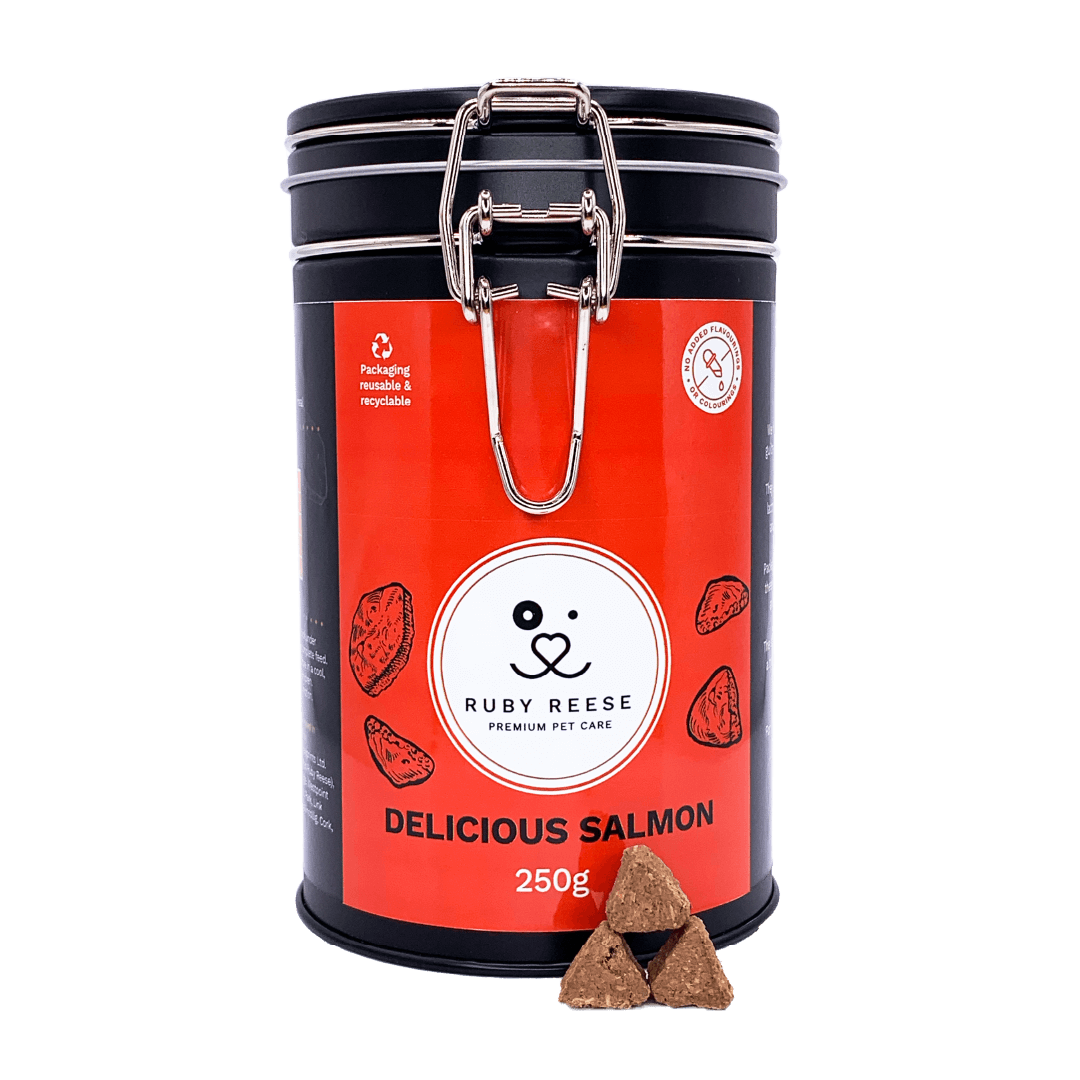 A black tin of RUBY REESE DELICIOUS SALMON natural dog treats with an orange label with some treats spilled in front of it