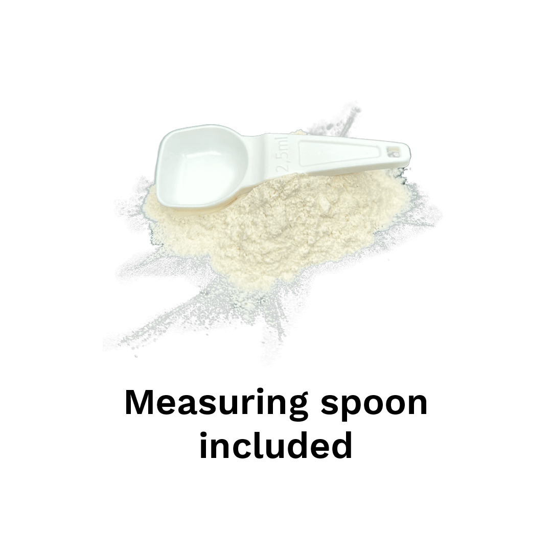 A white measuring spoon on a pile of white eggshell powder. With the text 