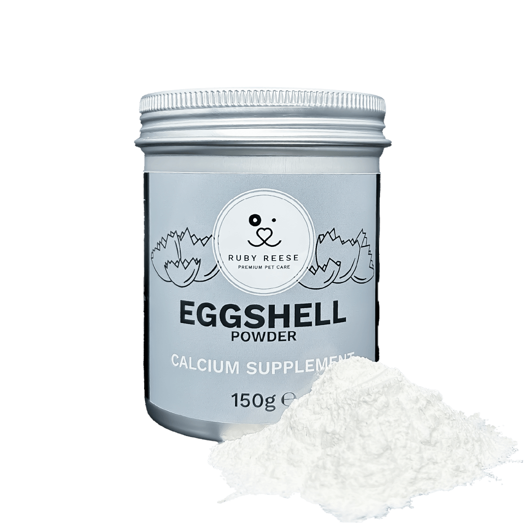 The RUBY REESE EGGSHELL POWDER in an aluminium tin with a grey label with a pile of white floury eggshell powder in the front