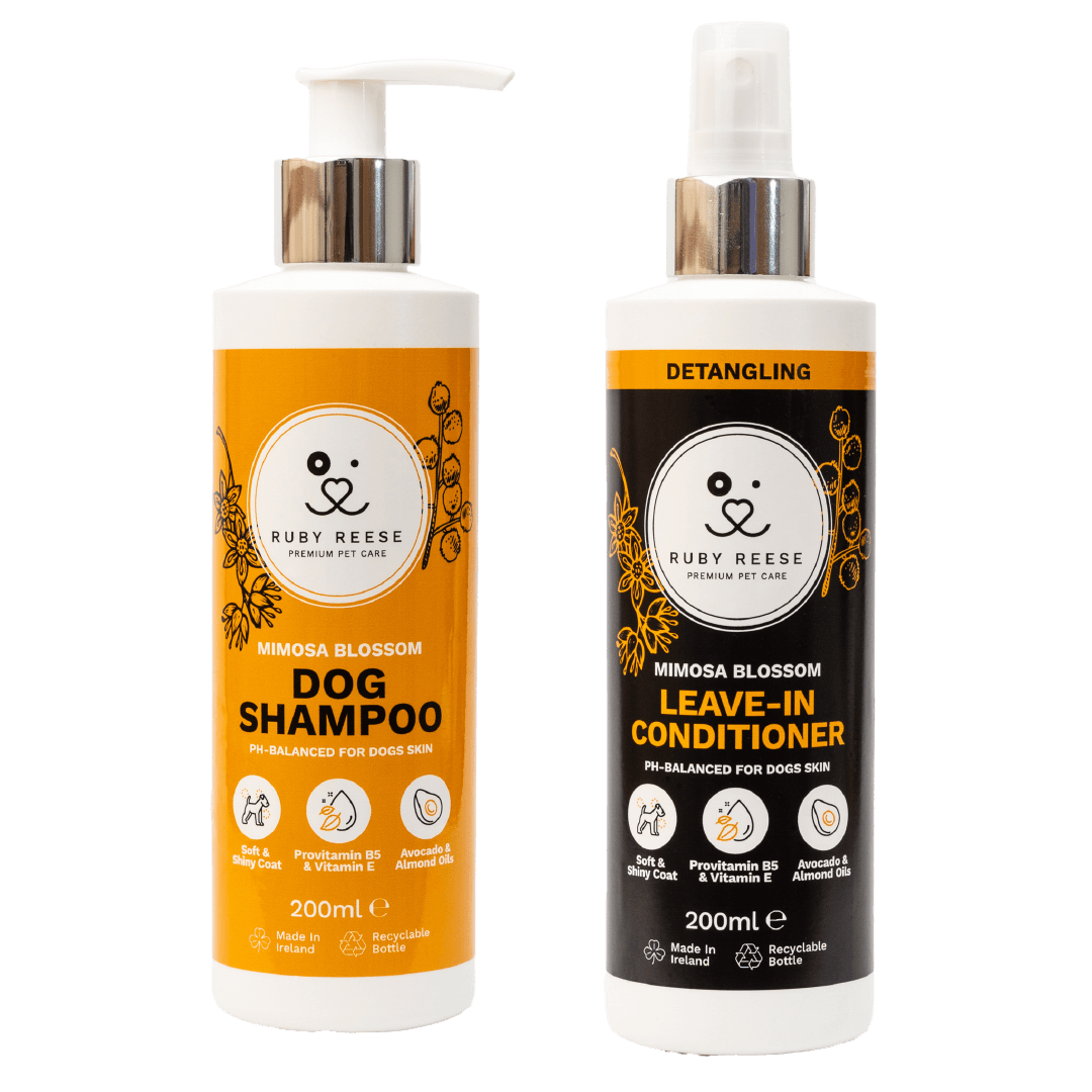 RUBY REESE MIMOSA BLOSSOM DOG SHAMPOO and RUBY REESE MIMOSA BLOSSOM LEAVE-IN CONDITIONER for dogs placed side by side