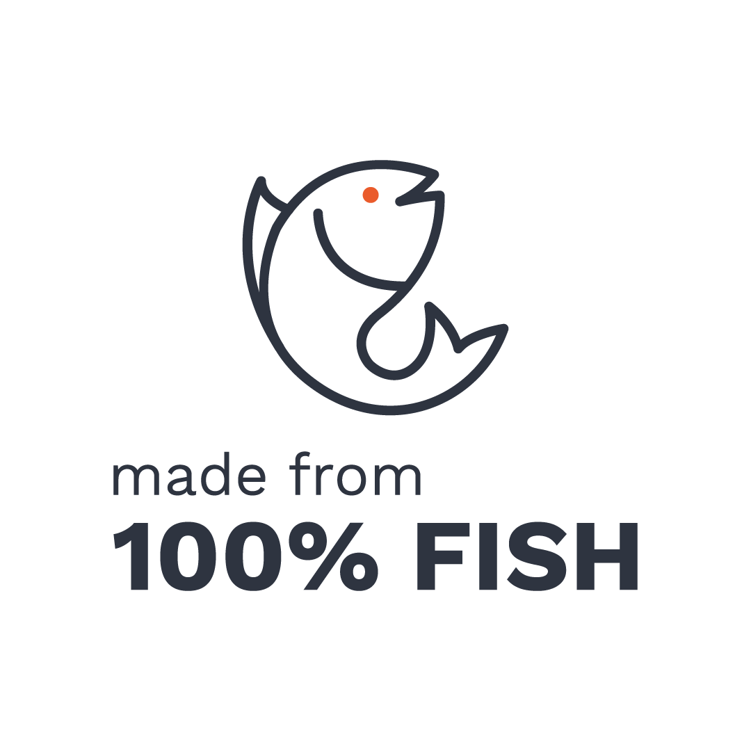 Icon of a fish with a happy face and the text “made from 100% FISH”