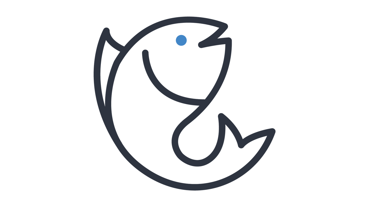 Icon of a fish bending into a half circle the opening is to the right with a happy face with a simple dot as an eye