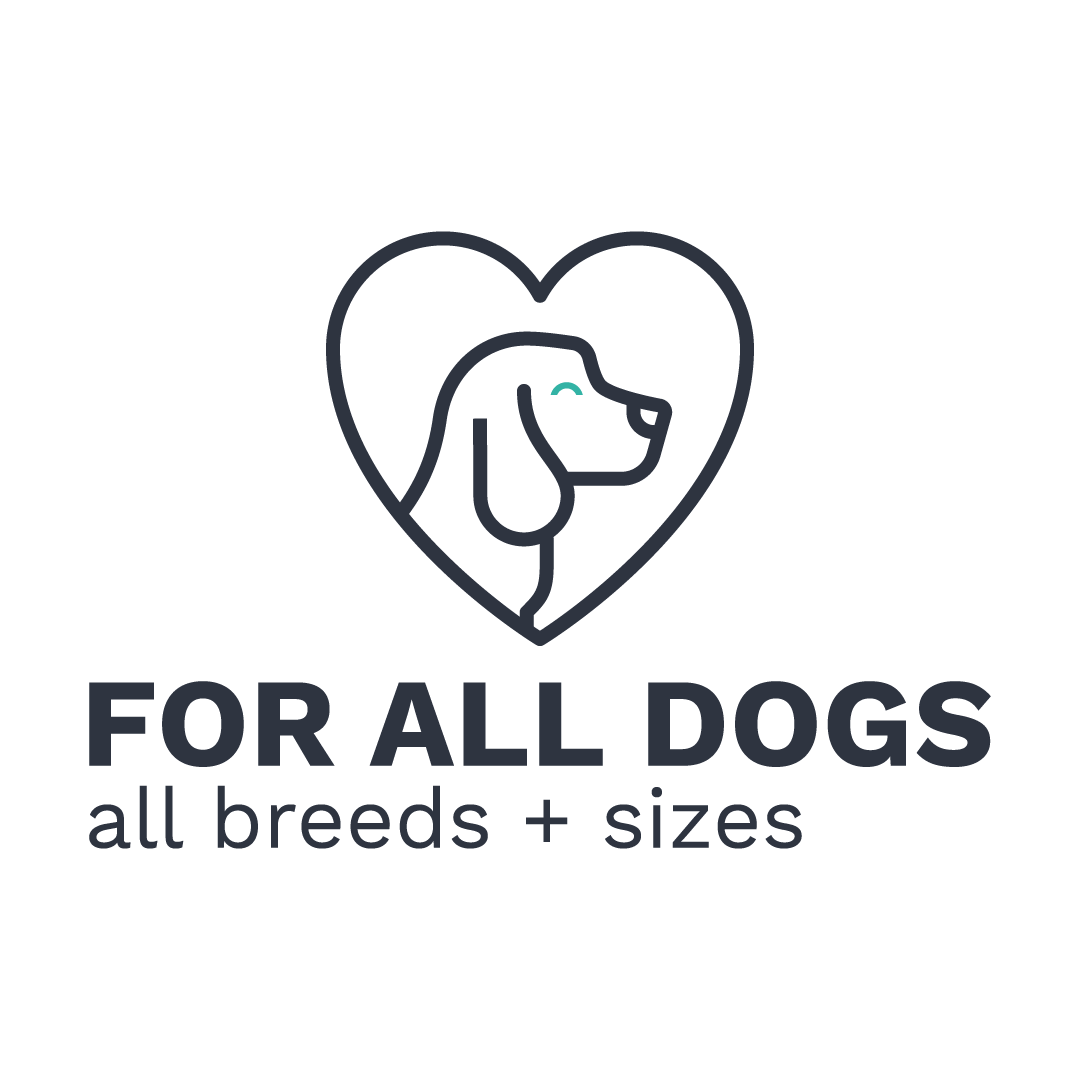 Icon of a dogs head in a heart shape with the text “FOR ALL DOGS all breeds + sizes”