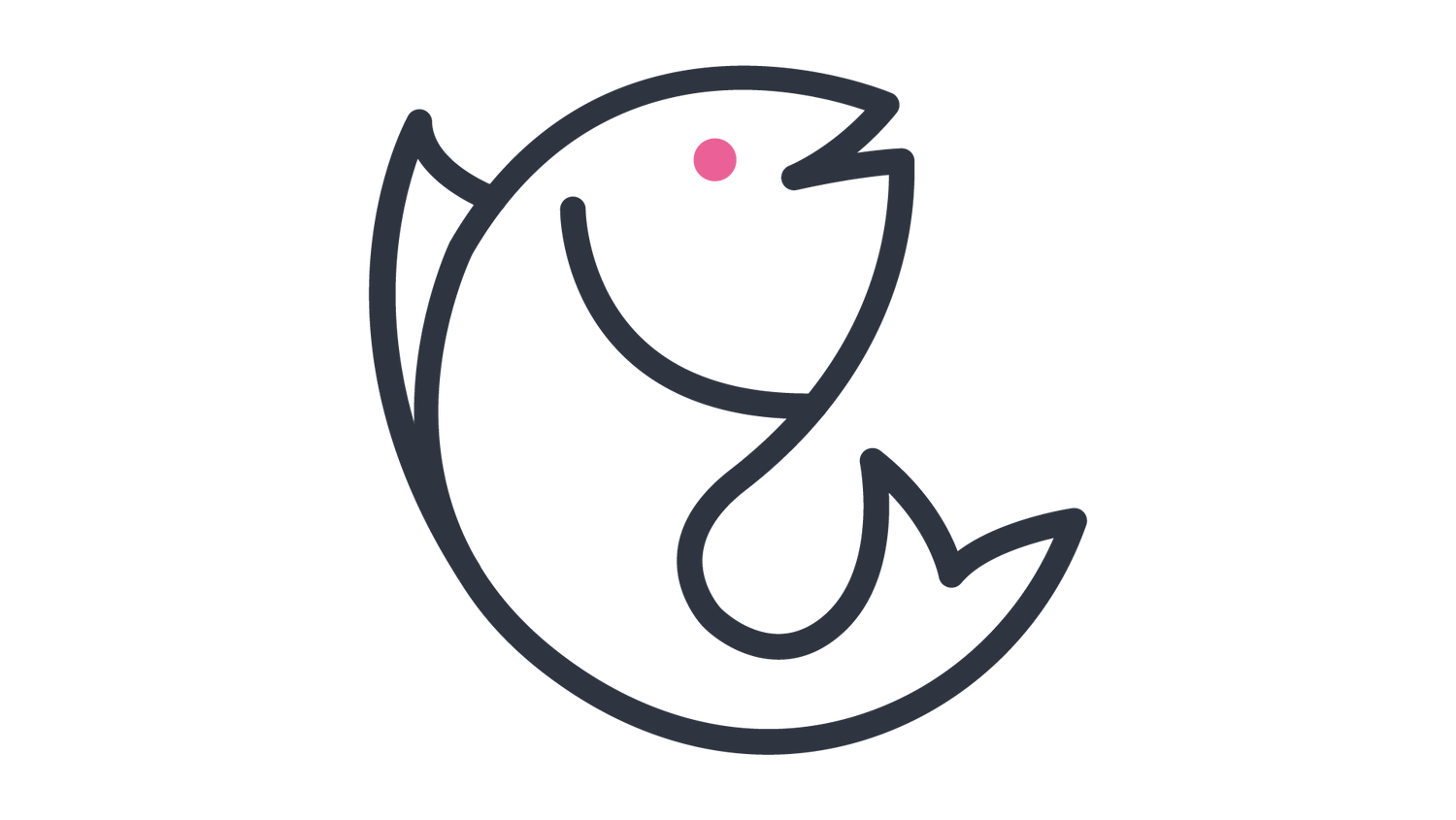 Icon of a fish bending into a half circle the opening is to the right with a happy face with a simple dot as an eye