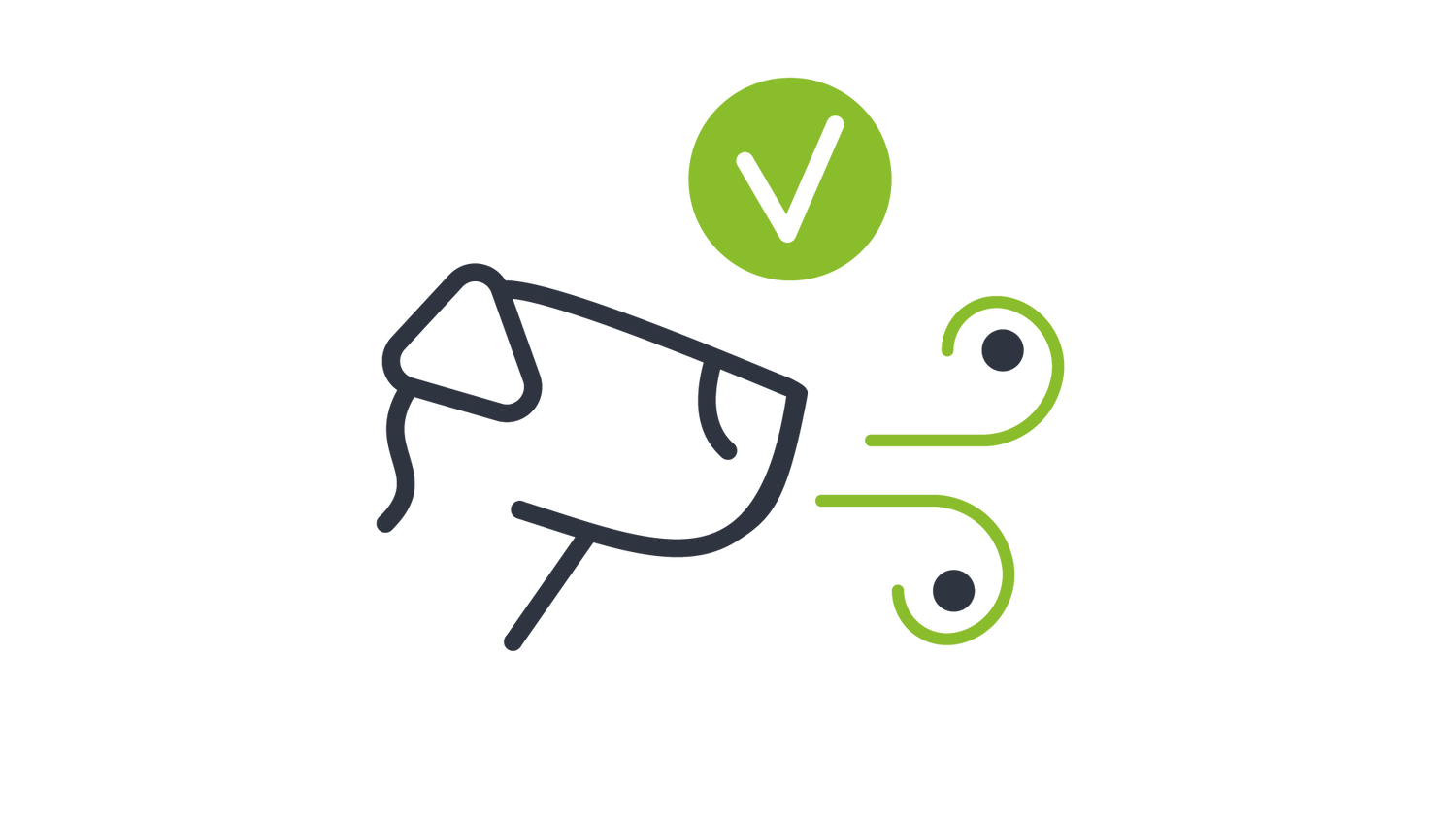 Icon of a dogs face with two abstract, curved lines representing breath and a green checkmark inside a circle