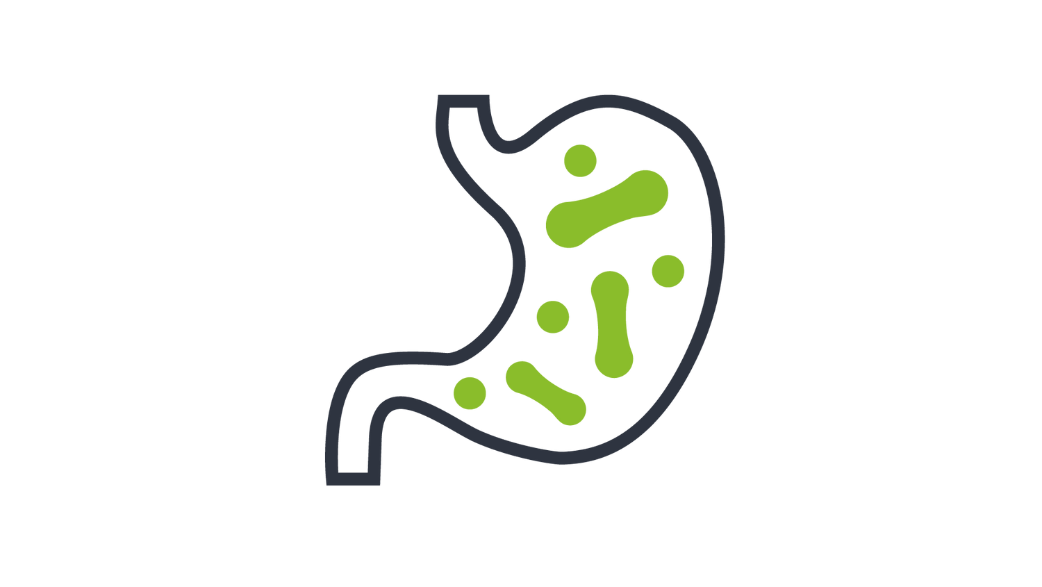 Icon of a dogs stomach with various green shapes in it, representing probiotic bacterias
