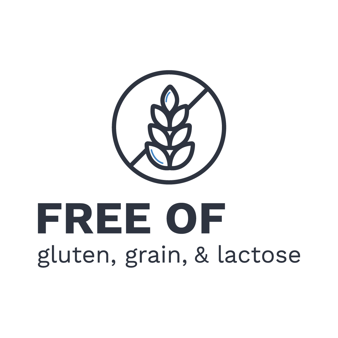 An icon of crossed-out grain crop with the text “FREE OF gluten, grain, & lactose”