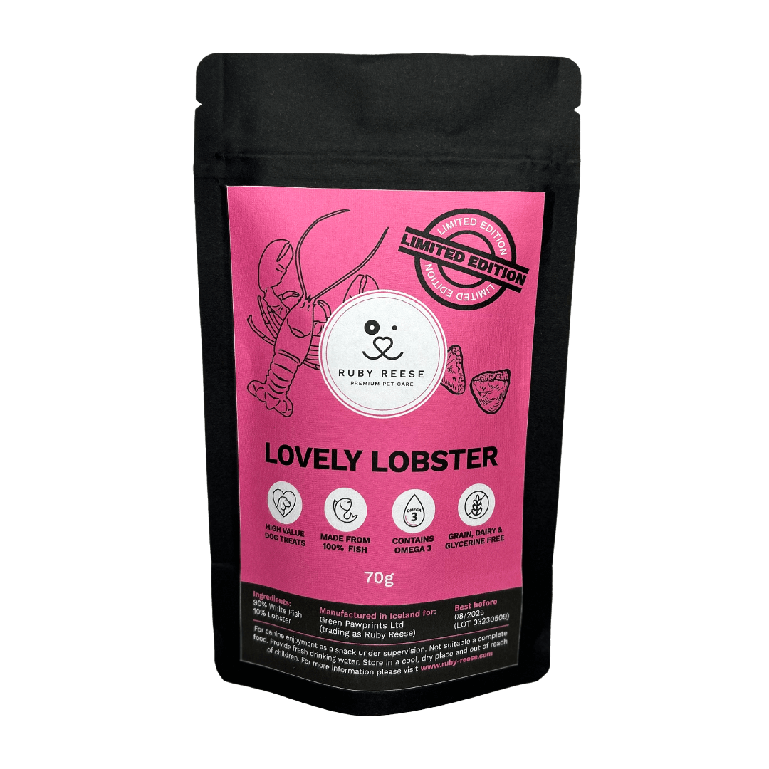 A black pouch of RUBY REESE LOVELY LOBSTER natural dog treats with a pink label and a ziplock