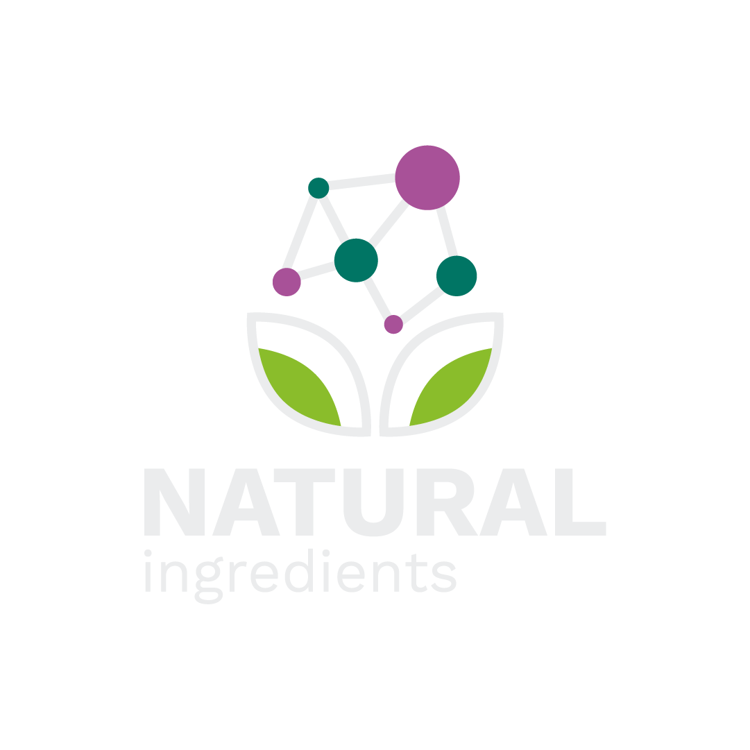 Icon of leaves topped by circles connected with lines symbolising a molecule and a flower and the text “NATURAL ingredients”