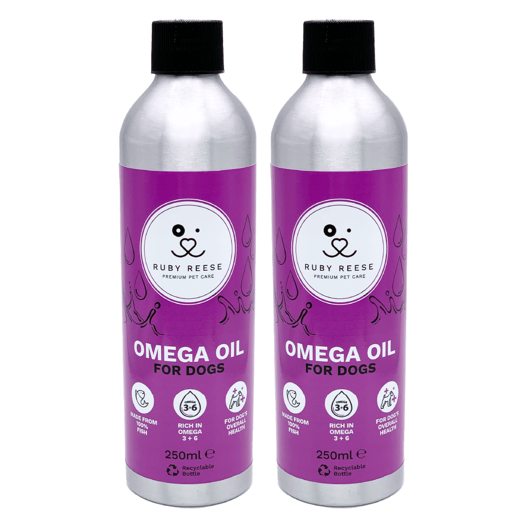 Two RUBY REESE OMEGA OIL aluminium bottles with  purple labels and black caps