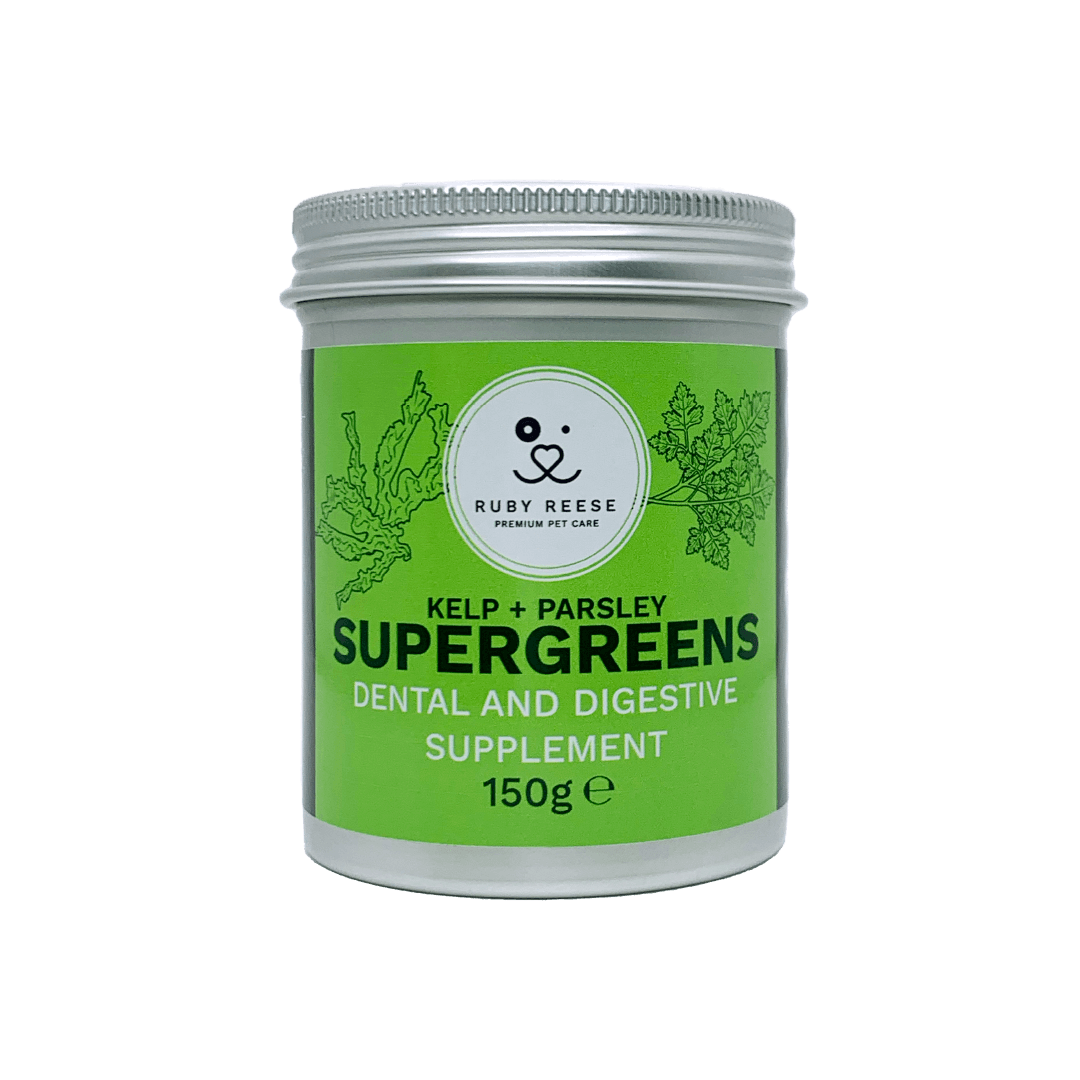 The RUBY REESE SUPERGREENS POWDER 150g in an aluminium tin with a green label