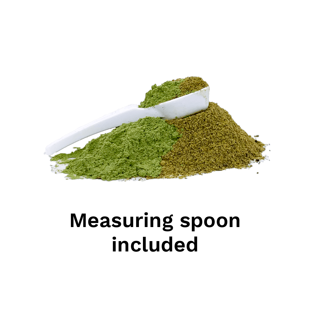 A white measuring spoon on a pile of green seaweed and parsley powder. With the text 