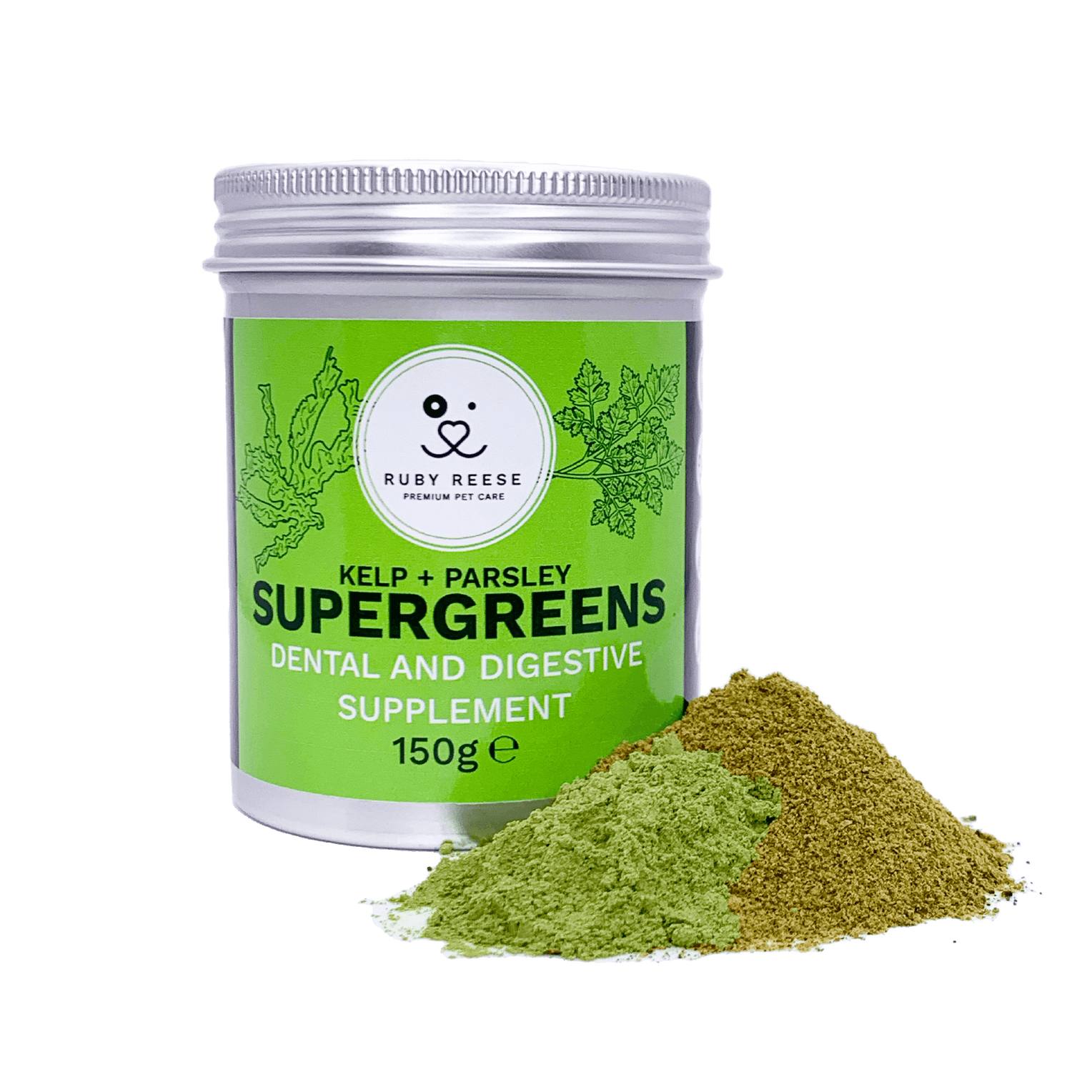 RUBY REESE SUPERGREENS POWDER 150g in an aluminium tin with a green label with a pile of green seaweed and parsley powder