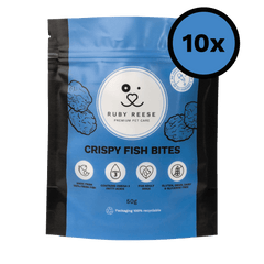 A blue pouch of RUBY REESE CRISPY FISH BITES natural dog treats and a circular marker with the text "10x"