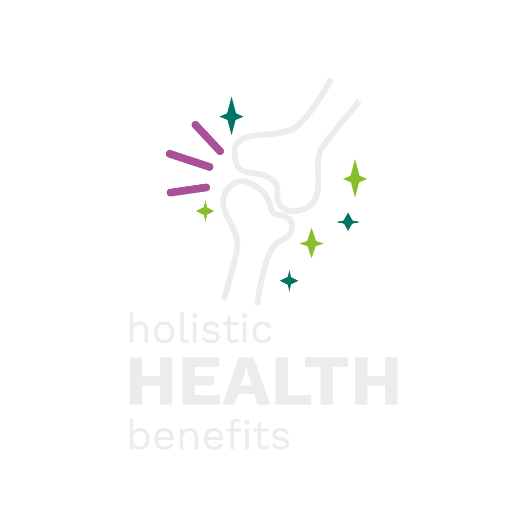 Icon of two bones ends building a joint with lines and stars symbolising shine and the text “holistic HEALTH benefits”